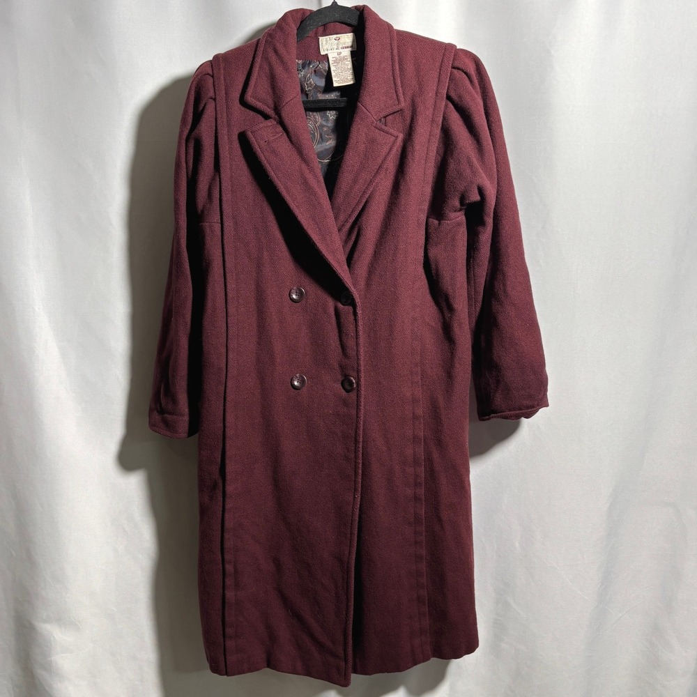 VTG Burgundy‎ Maroon Red Wool Blend Double Breasted Overcoat Coat Womens 6 P SEE